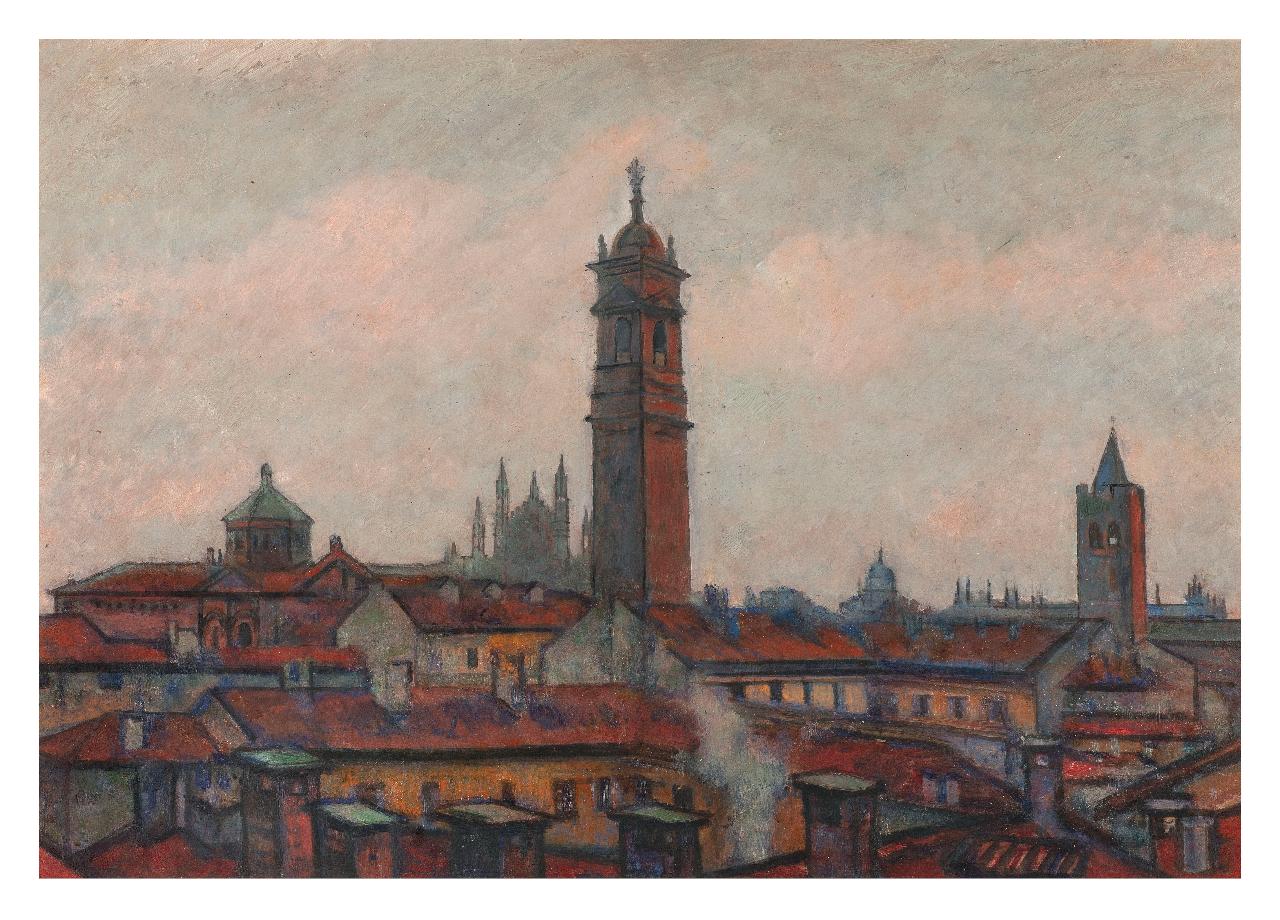 Monza di sera, Veduta urbana (dipinto) di Bucci, Anselmo (sec. XX)