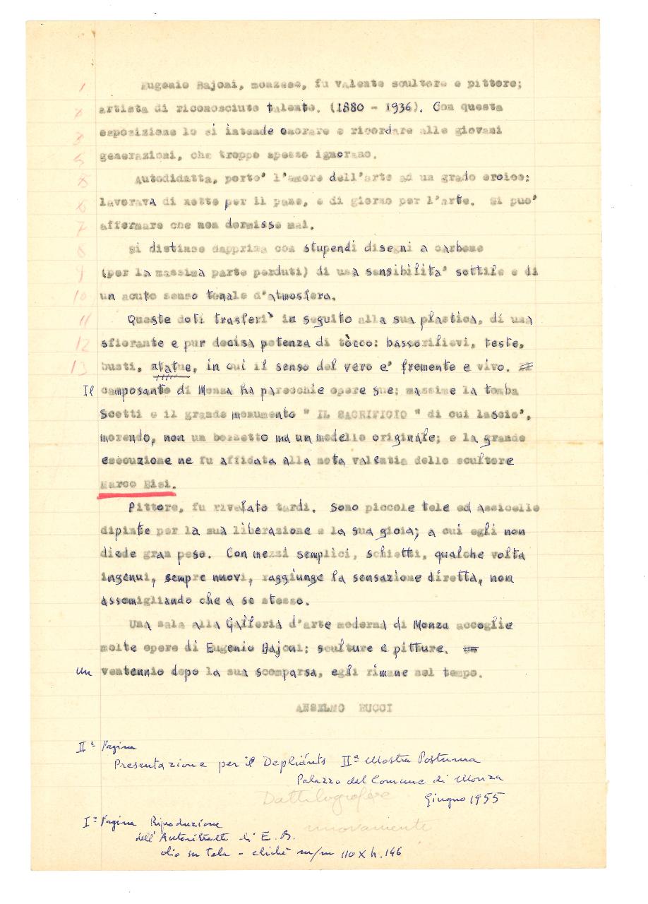 Presentazione della mostra di Eugenio Baioni, Testo (foglio dattiloscritto e manoscritto) di Bucci, Anselmo (sec. XX)