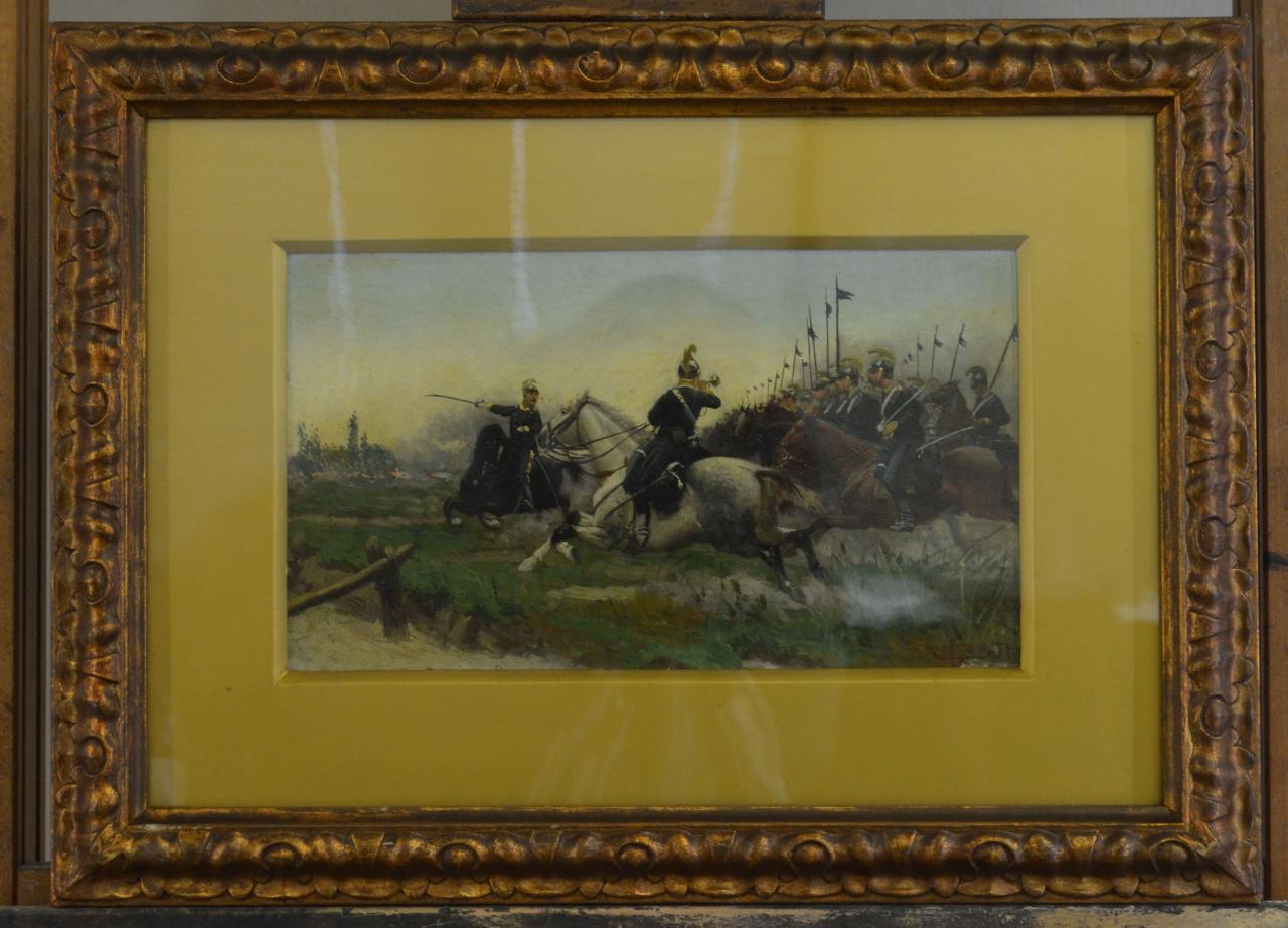 paesaggio con cavalieri in battaglia (dipinto) di Corti, Camillo (seconda metà sec. XIX)