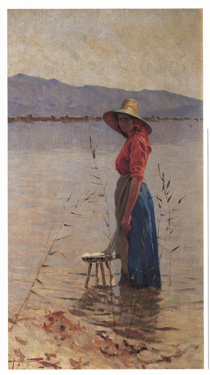 Lavandaia al Lago di Massaciuccoli, Figura femminile (dipinto) di Tommasi, Angiolo - Post Macchiaiolo (inizio sec. XX)