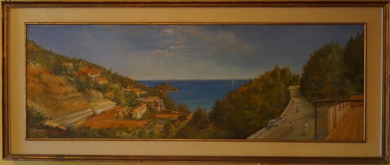 Torre del Mare (Isola di Bergeggi), Spotorno – Panorama dalla nostra casa (condominio Ricasolo), opera isolata (dipinto) di Penati, Luigi (seconda metà sec. XX)