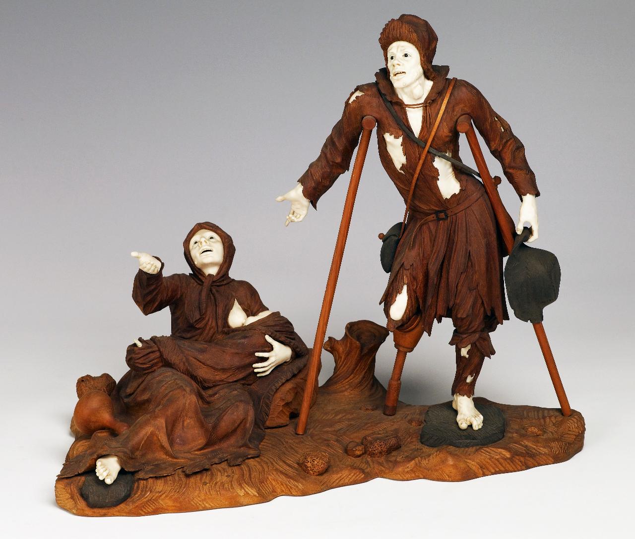 Gruppo con figure di mendicanti: finto zoppo che indica una donna che allatta, finto zoppo che indica una donna che allatta (statuetta) - ambito lombardo (primo quarto sec. XVIII)