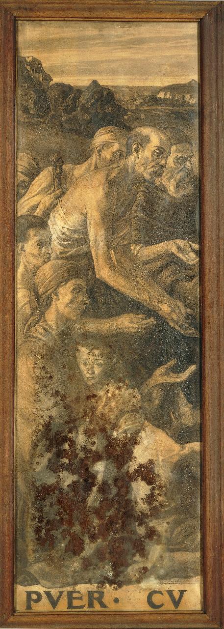 Cartone per la vetrata di S. Carlo Borromeo nel Duomo di Milano, San Carlo distribuisce il pane ai poveri di Arona (dipinto) di Buffa, Giovanni (prima metà sec. XX)