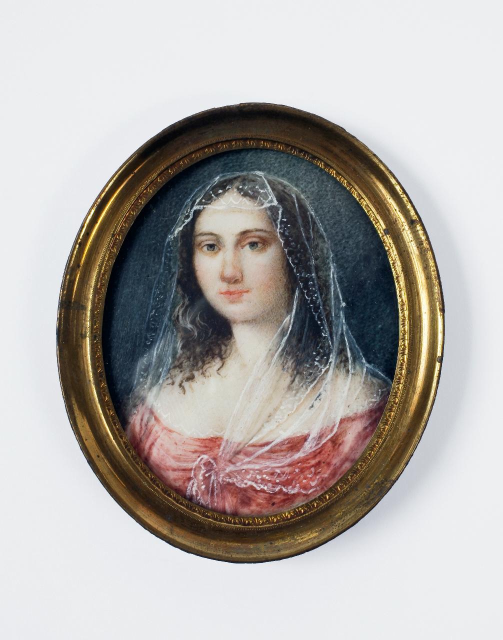 Ritratto di dama velata con abito rosso, ritratto di dama velata con abito rosso (miniatura) - ambito italiano (primo quarto sec. XIX)