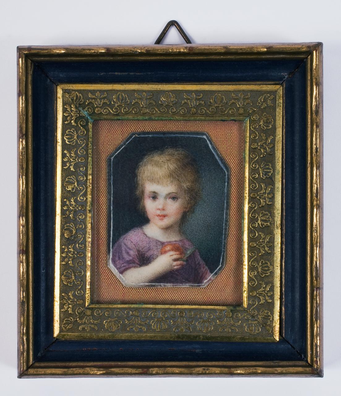 Ritratto di bambino con la mela in mano, ritratto di bambino con la mela in mano (miniatura) di Combe o Coombe, Charlotte Hadfield ((?)) (inizio sec. XIX)