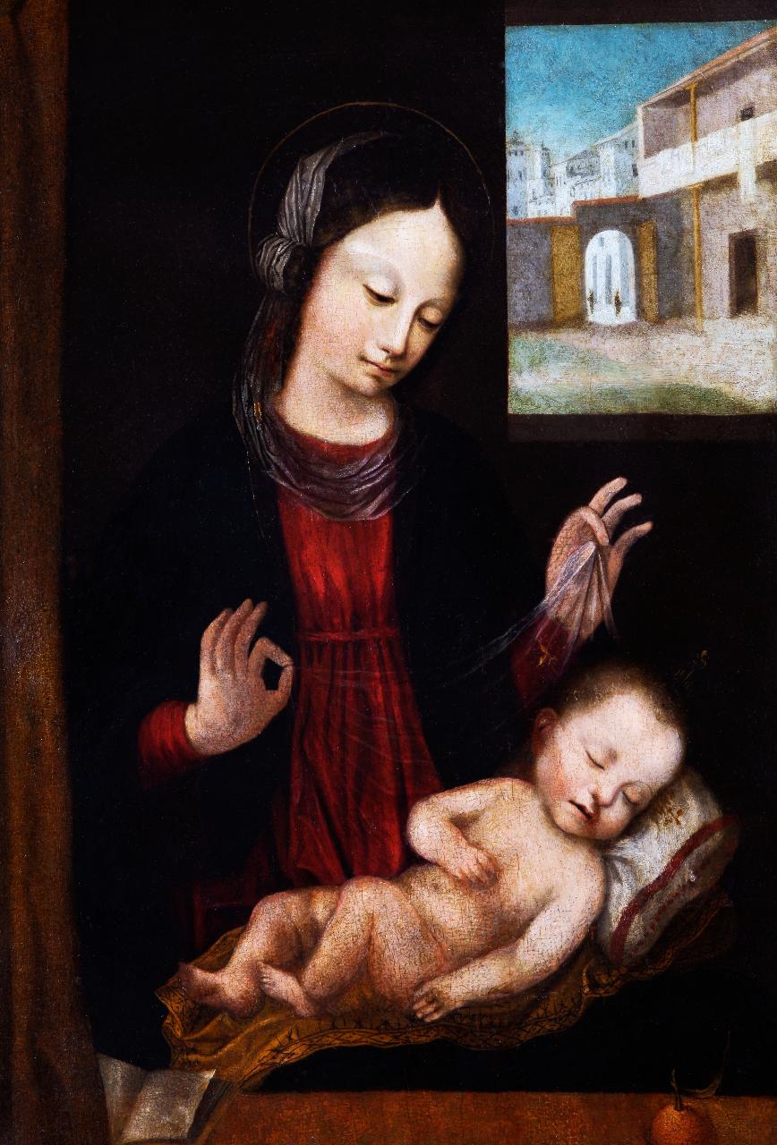Madonna con Bambino dormiente (Madonna del velo), Madonna con Bambino dormiente (dipinto) di Bergognone (copia da) (sec. XVI)