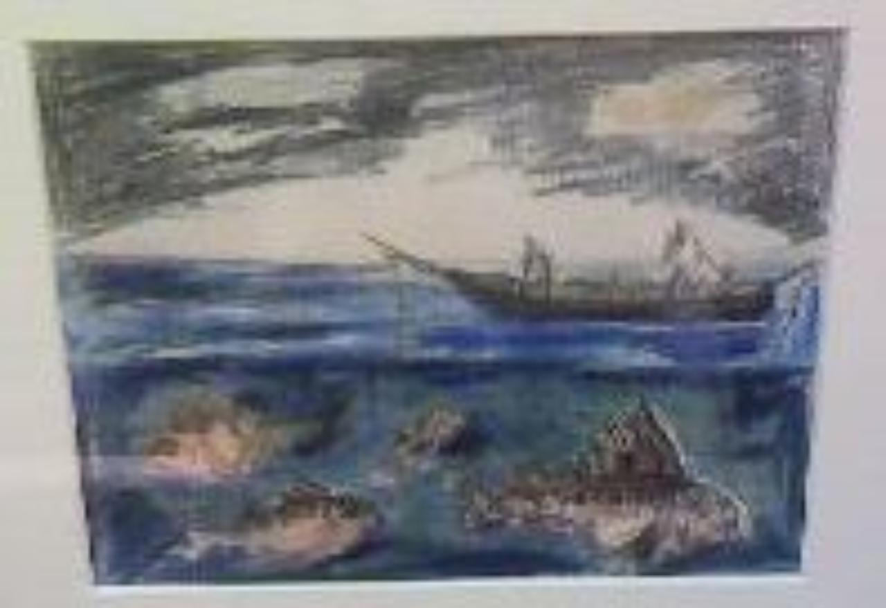 Paesaggio con barca e pesci, paesaggio con barca e pesci (dipinto) di Zuccheri, Luigi (seconda metà sec. XX)