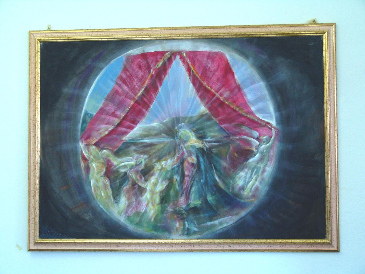 Interpretazione della Madonna del Padiglione di Botticelli, madonna con bambino (dipinto) di Schiavi, Alberto (secc. XX/ XXI)