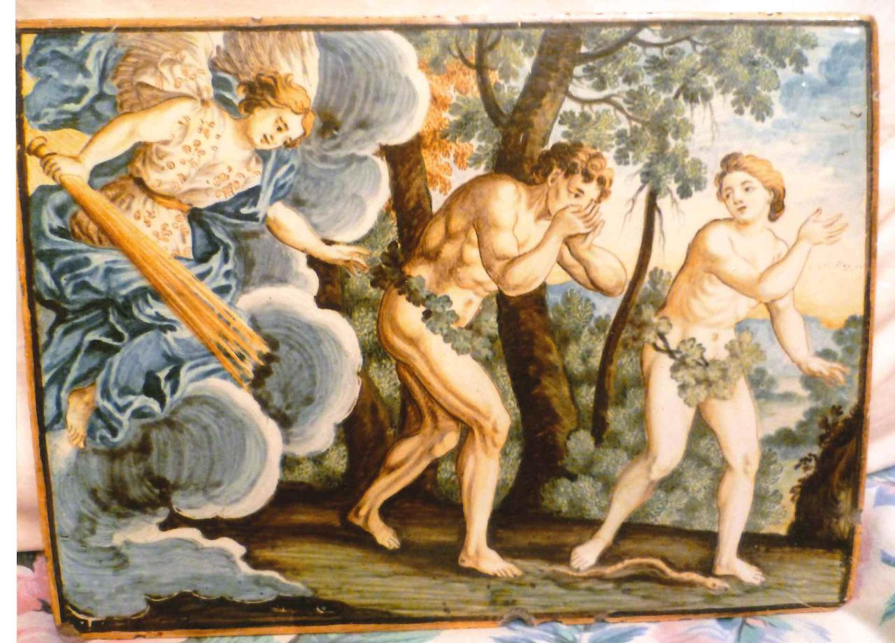 Targa con cacciata di Adamo ed Eva dal Paradiso, cacciata di Adamo ed Eva dal Paradiso (targa) di Bottega dei Gentili - manifattura di Castelli (sec. XVIII)
