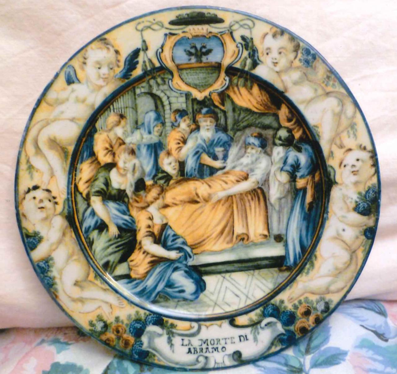 Piattino con cartiglio "La morte di Abramo", morte di Abramo (piattino) - manifattura di Castelli (sec. XVIII)