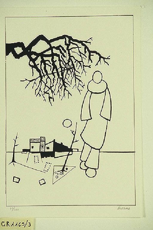 Il pentagono rosso, Composizione (dipinto) di Garau Augusto (fine sec. XX)