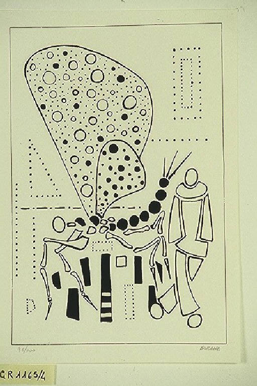 Il numero tre, Composizione (dipinto) di Garau Augusto (fine sec. XX)