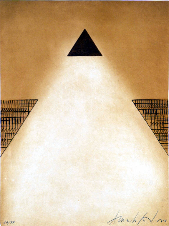 Fondo a perline: nelle piastrelle. Nel fondo., Strumenti musicali e sedie (disegno) di Costantini Marco (metà sec. XX)