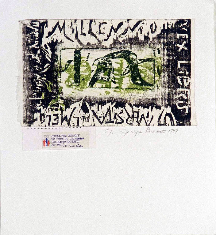2 pagine documento carolingio, Composizione di forme libere, scritte e collage (dipinto) di Schodl Greta (fine sec. XX)